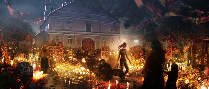 Lara Croft from Shadow of the Tomb Raider in a cemetery