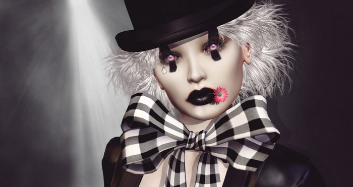 Clown woman with flower in mouth and checkered bow