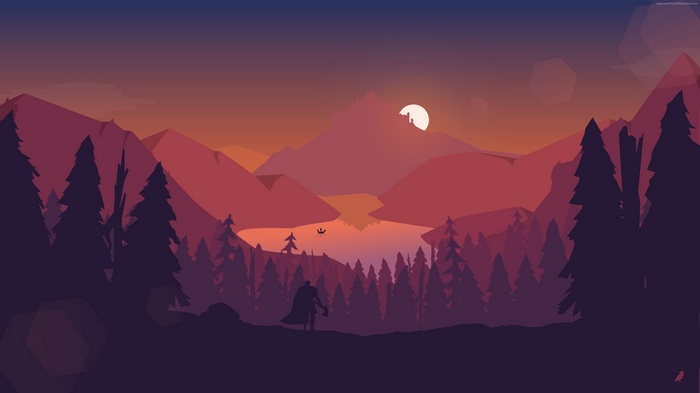 Man walking in a forest with mountains and lake at sunset 4K