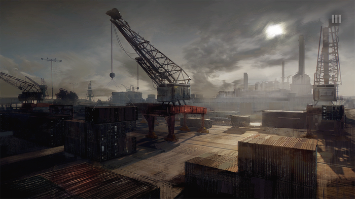 Mafia III screenshot of a port with cranes and containers