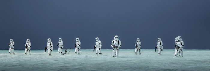 Stormtroopers from Star Wars walking in shallow water
