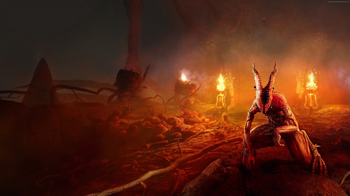 Demon in a hellish landscape with torches