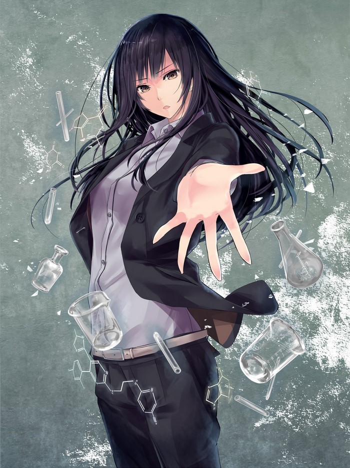 Anime girl in lab coat with chemical structures