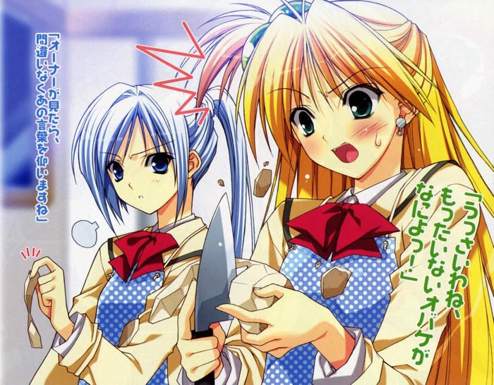 Two anime girls, one with blonde hair and one with blue hair, in school uniforms