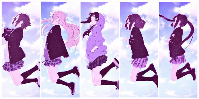 Anime girls from K-On! jumping in the sky