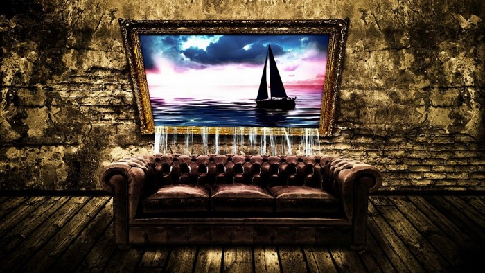 Surreal painting of a sailboat pouring water onto a couch