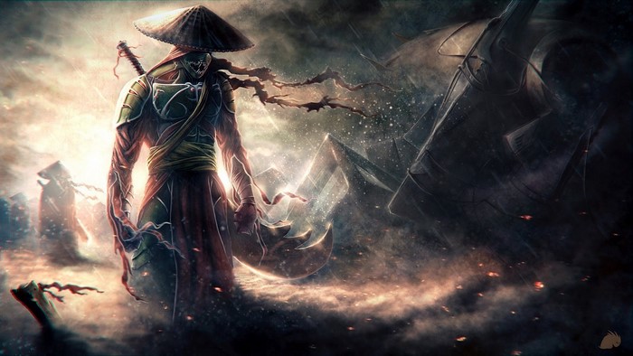 Warrior with a conical hat and sword in a desolate landscape