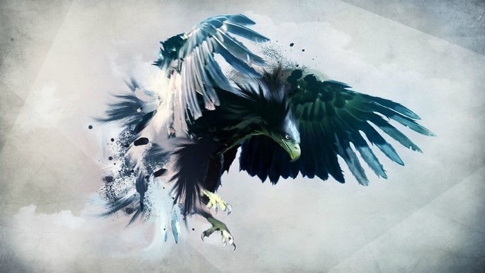 Abstract illustration of a dark eagle with blue wings