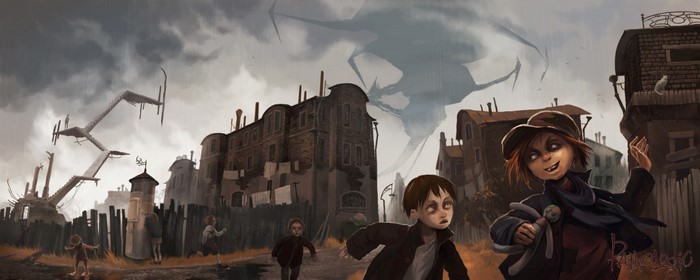Children running in a desolate city under a strange sky