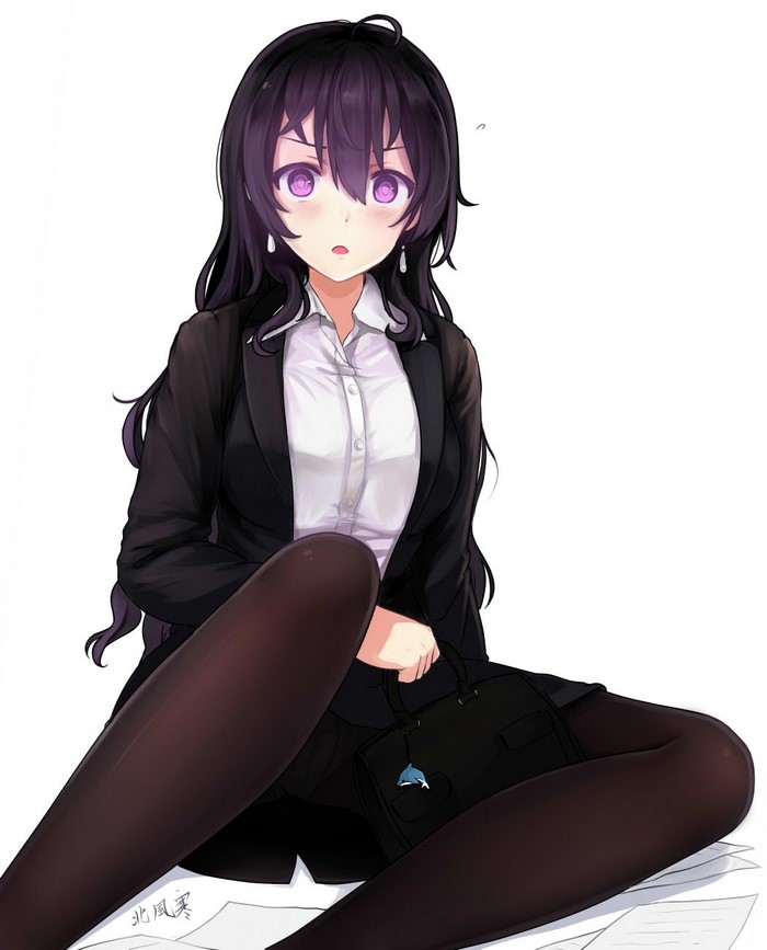 Anime girl with black hair and purple eyes in business suit