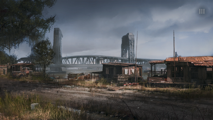Mafia III artwork of a riverside settlement and bridge