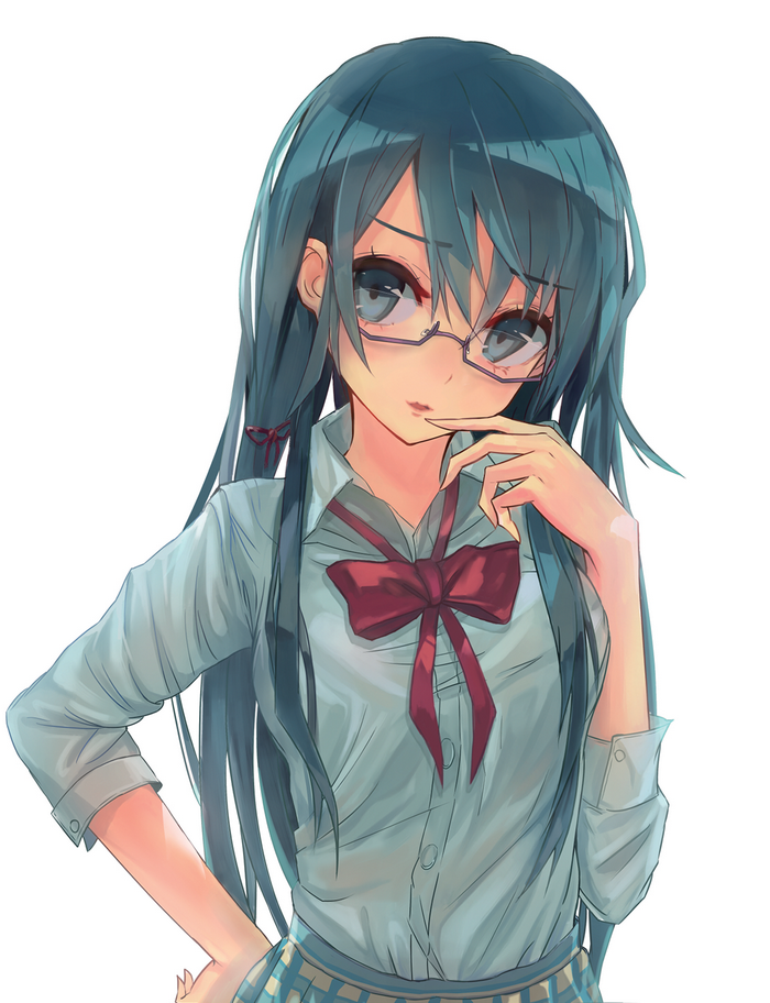 Anime girl with long aqua hair and glasses