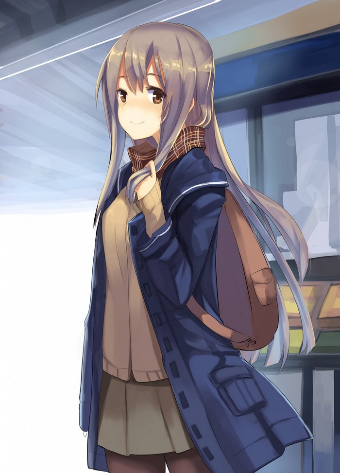 Anime girl with long gray hair wearing a coat and backpack