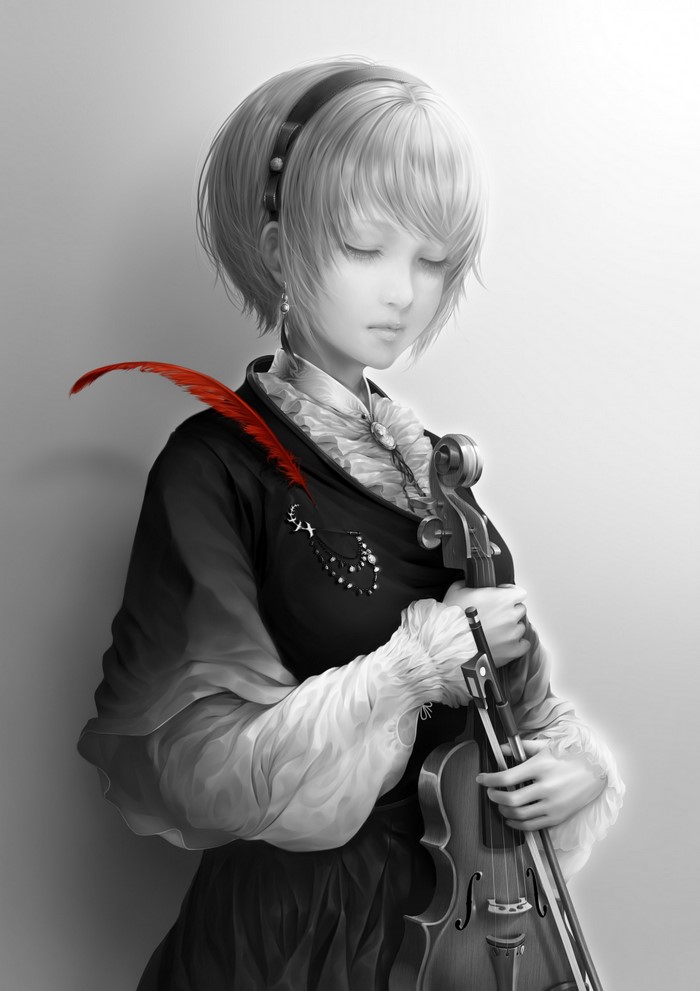 Anime girl with short hair holding a violin