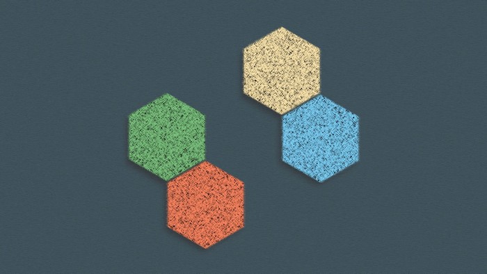 Abstract illustration of four colorful hexagons on a dark background