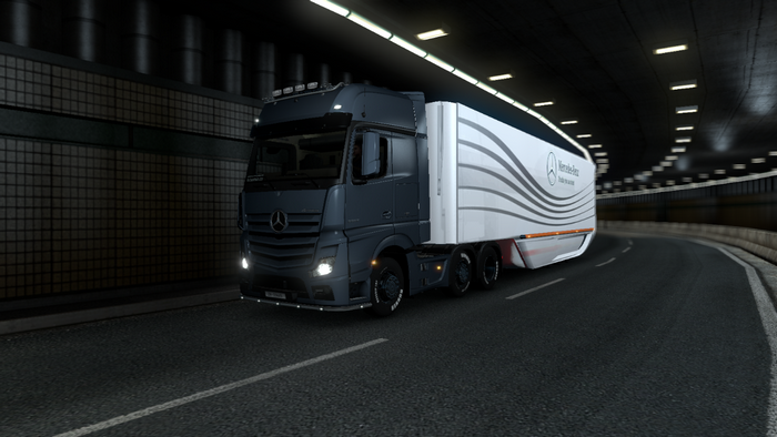 Mercedes-Benz truck with trailer in a tunnel