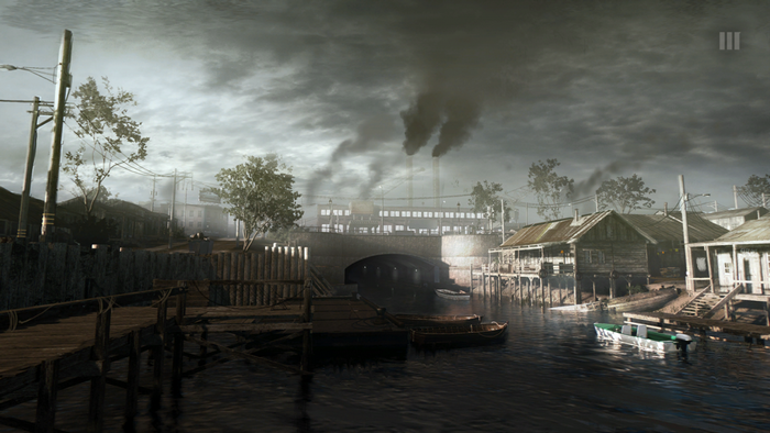 Mafia III cityscape with industrial pollution and waterway
