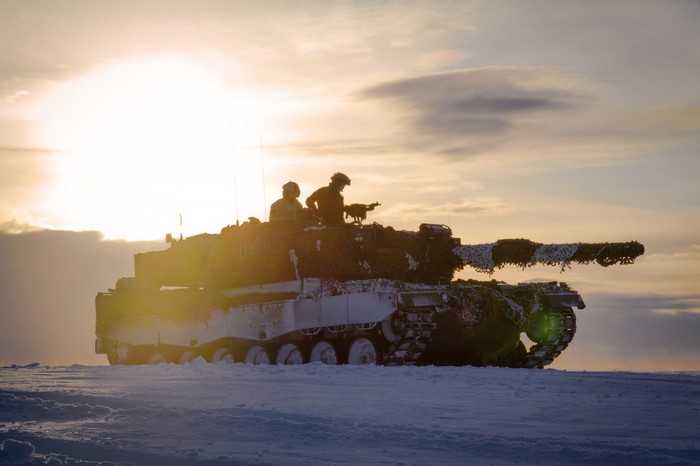 Norwegian Army Leopard 2A4NO tank in snow at sunset