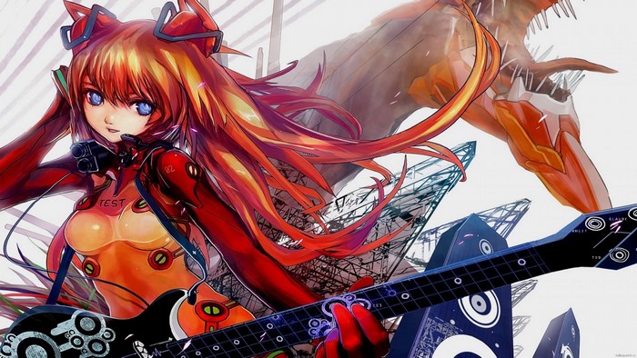 Asuka Langley Soryu from Neon Genesis Evangelion playing guitar