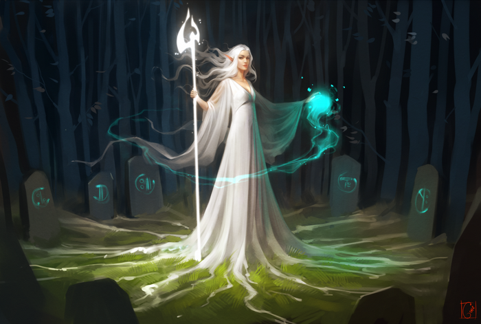 Elf sorceress with staff and magic in a dark forest