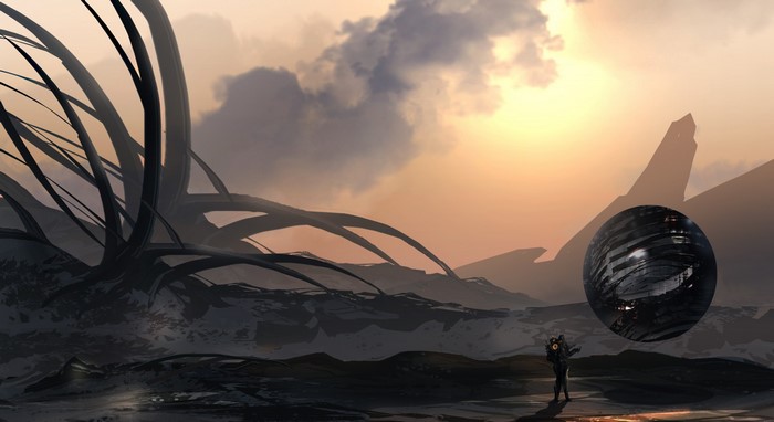 Futuristic landscape with alien flora and a drone