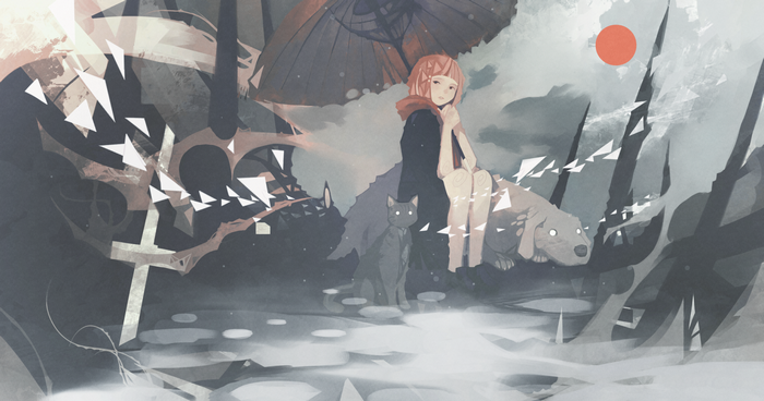 Girl with cat and dog under umbrella in a graveyard
