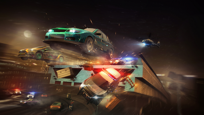 Need for Speed No Limits cars on overpass at night