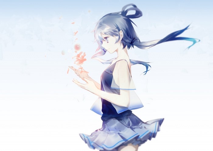 Luo Tianyi from Vocaloid with blue hair holding flowers