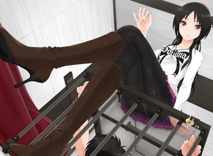 Anime Girl in Boots Sitting on Cage
