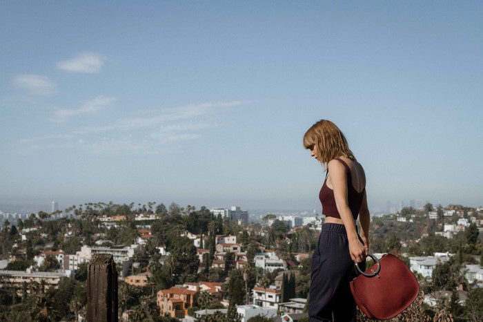 Woman with handbag overlooking city