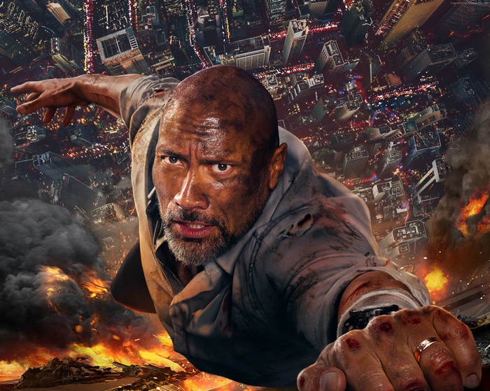Dwayne Johnson falling from a burning skyscraper