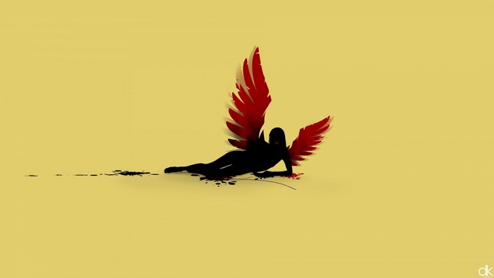 Silhouette of a fallen angel with red wings