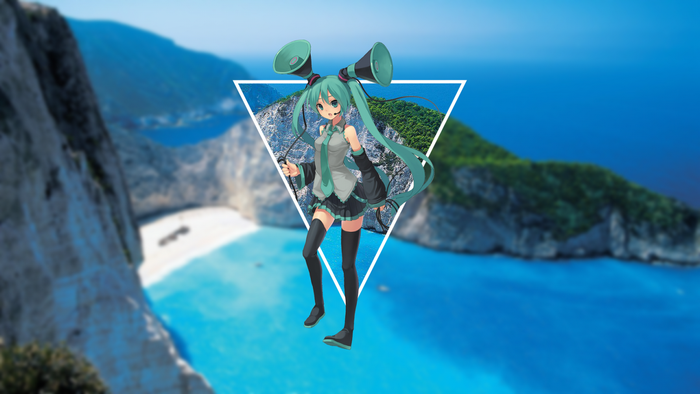 Hatsune Miku on a beach with mountains