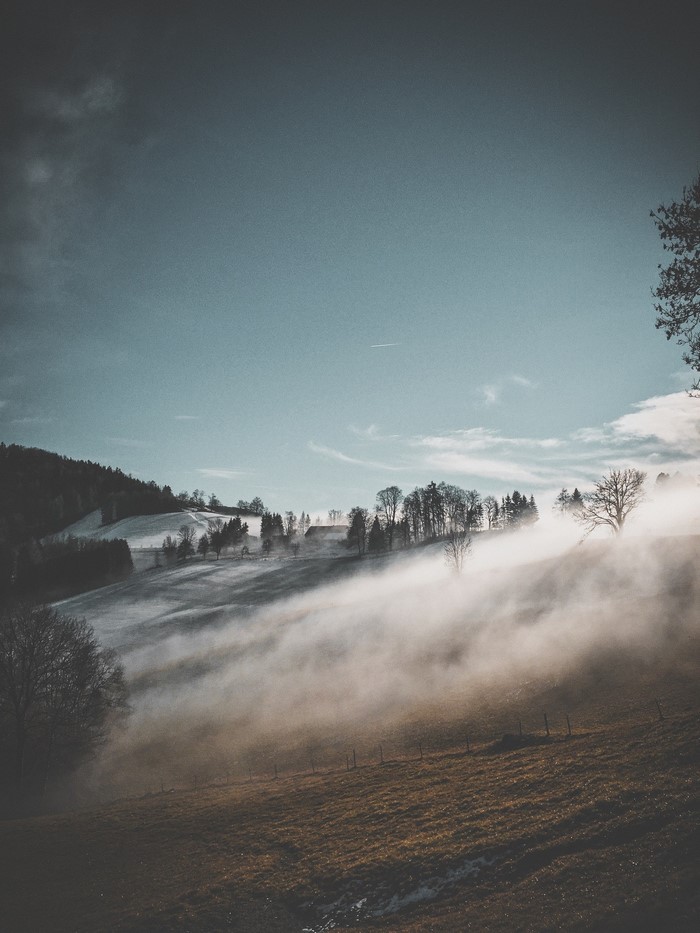 Misty Mountain Landscape with Trees and Houses