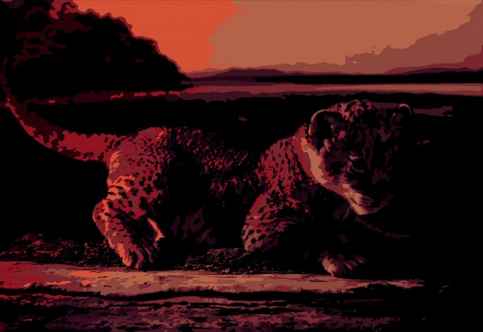 Illustration of a leopard cub in a savanna landscape