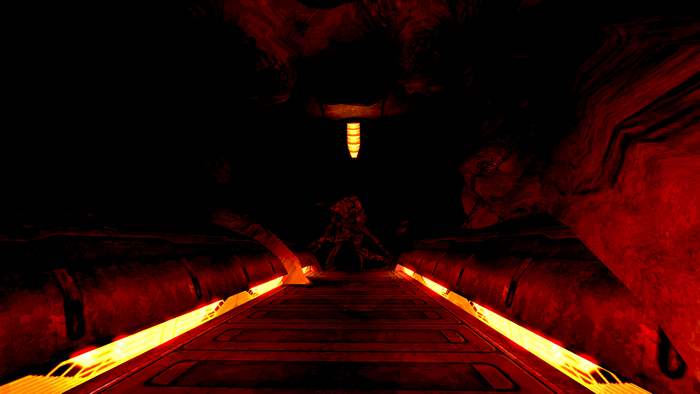 Interior of a dark, red, glowing corridor in Halo 2