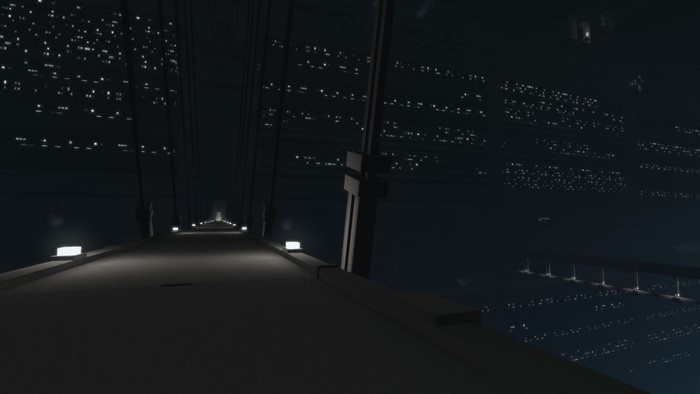 Bridge at night with city lights in the background
