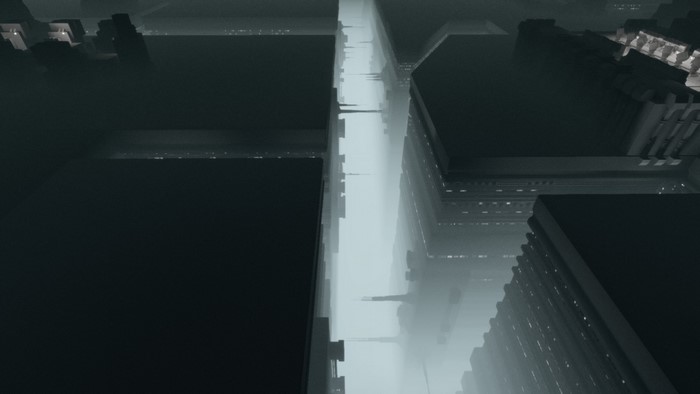 Monochrome futuristic cityscape with tall buildings