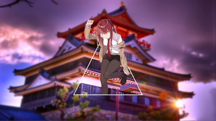 Makise Kurisu from Steins;Gate in front of a Japanese castle