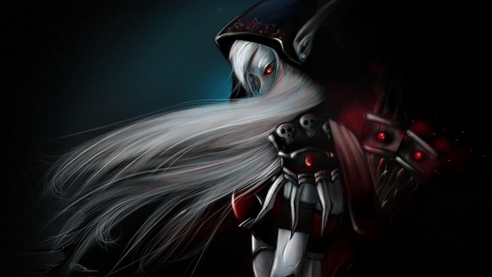 Elf with long white hair and red eyes in dark attire