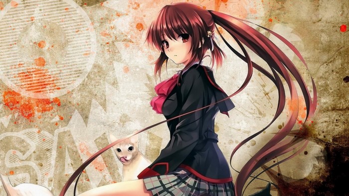 Anime girl with long brown hair and a cat
