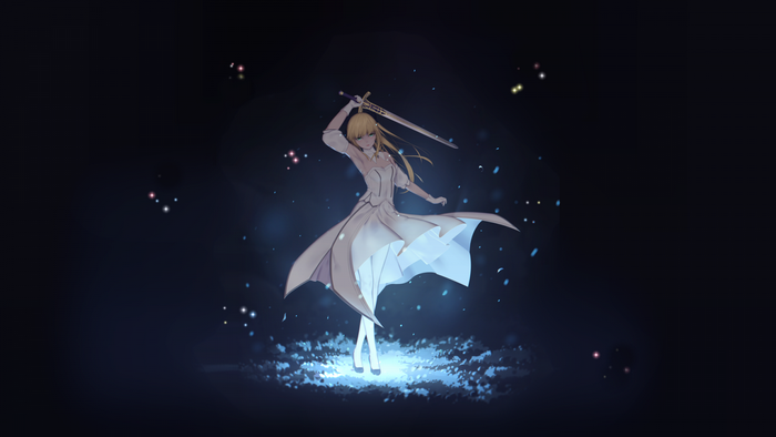 Saber Dancing with Sword in Fate Series Night Scene