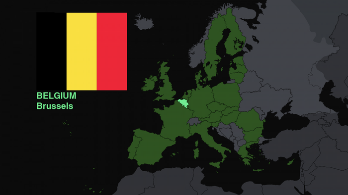 Map of Europe highlighting Belgium with its flag and capital