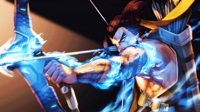 Hanzo Shimada from Overwatch drawing a bow