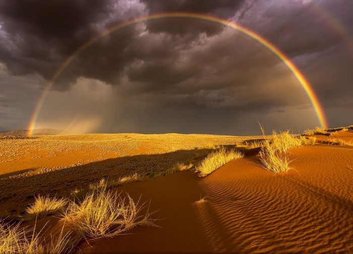 Rainbow over a desert landscape with storm clouds
