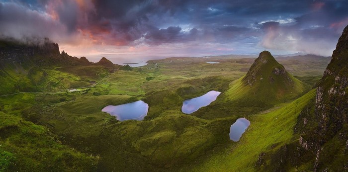 Dramatic sunset over Quiraing landscape, Isle of Skye, Scotland