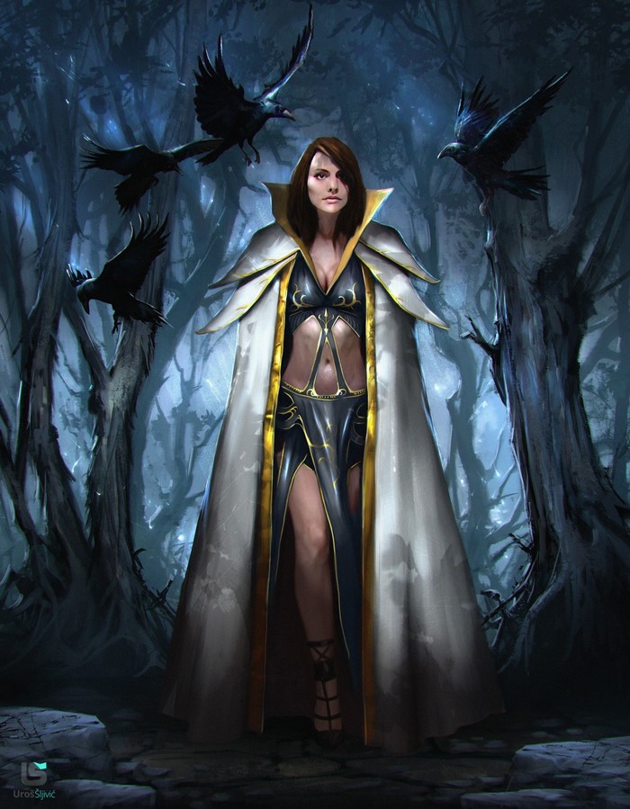 Fantasy art of a woman in a dark forest with crows