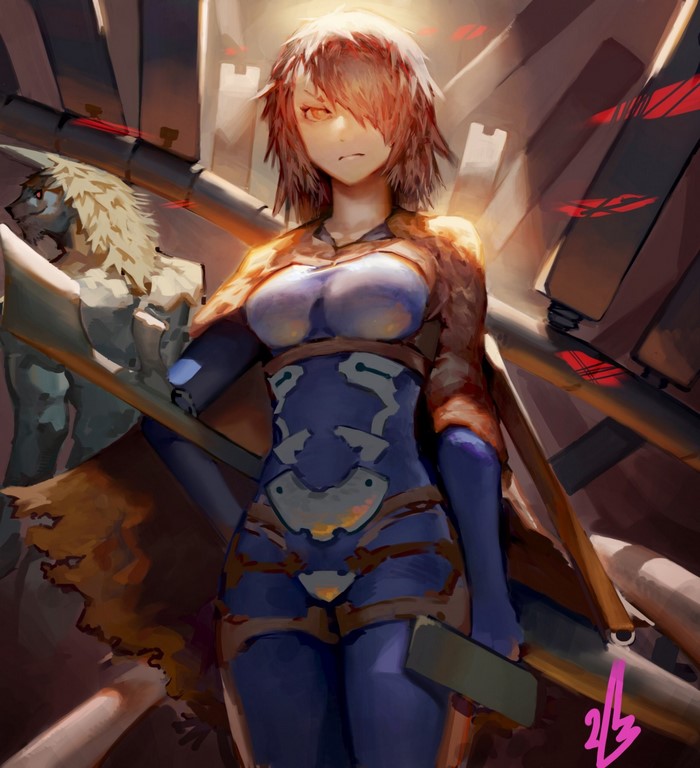 Anime warrior with a lion-like companion