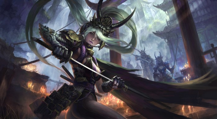 Fantasy warrior with swords and armor