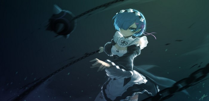 Rem from Re:Zero wielding a flail